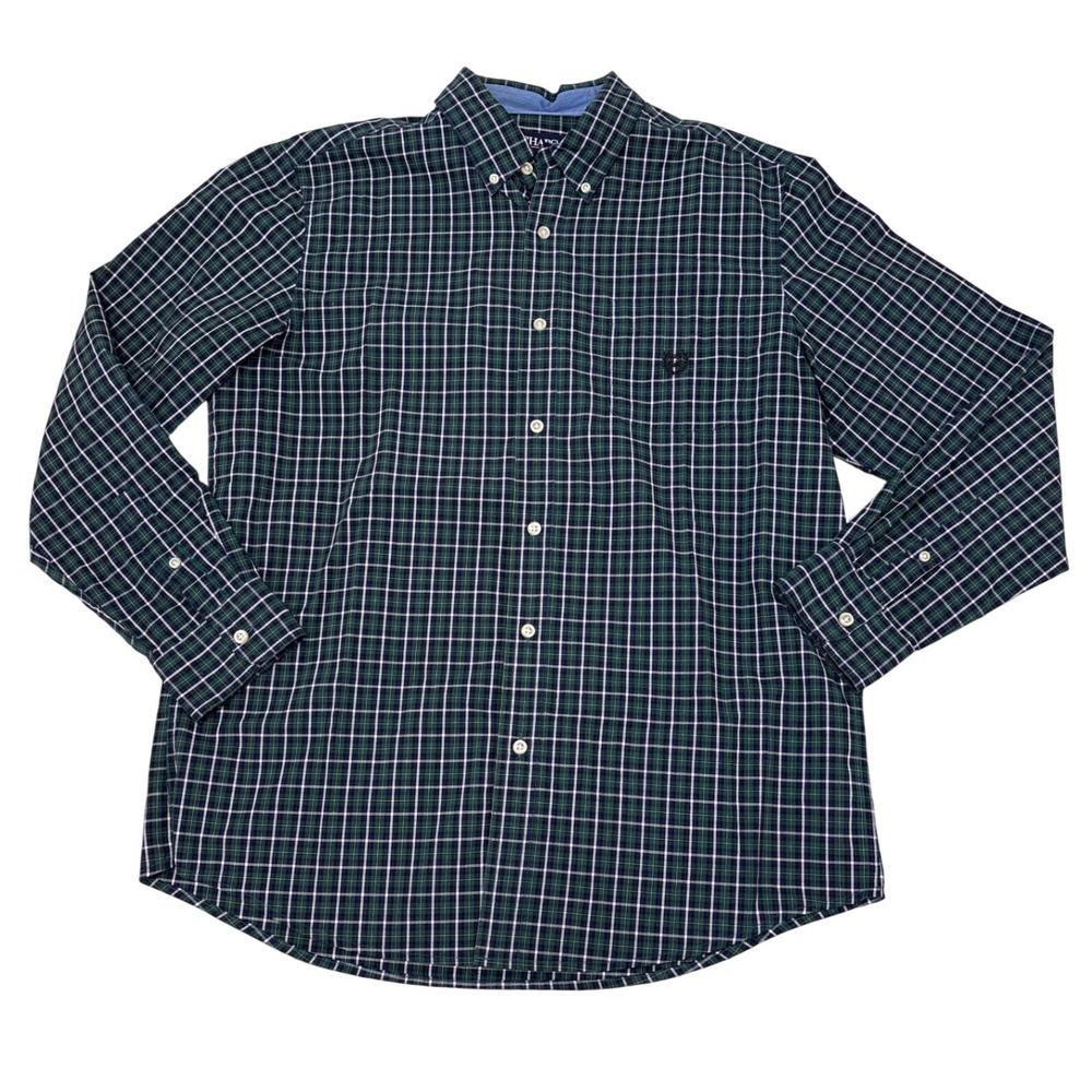 Chaps Mens Large Green Navy Blue Plaid Easy Care Button Down Shirt Long Sleeve